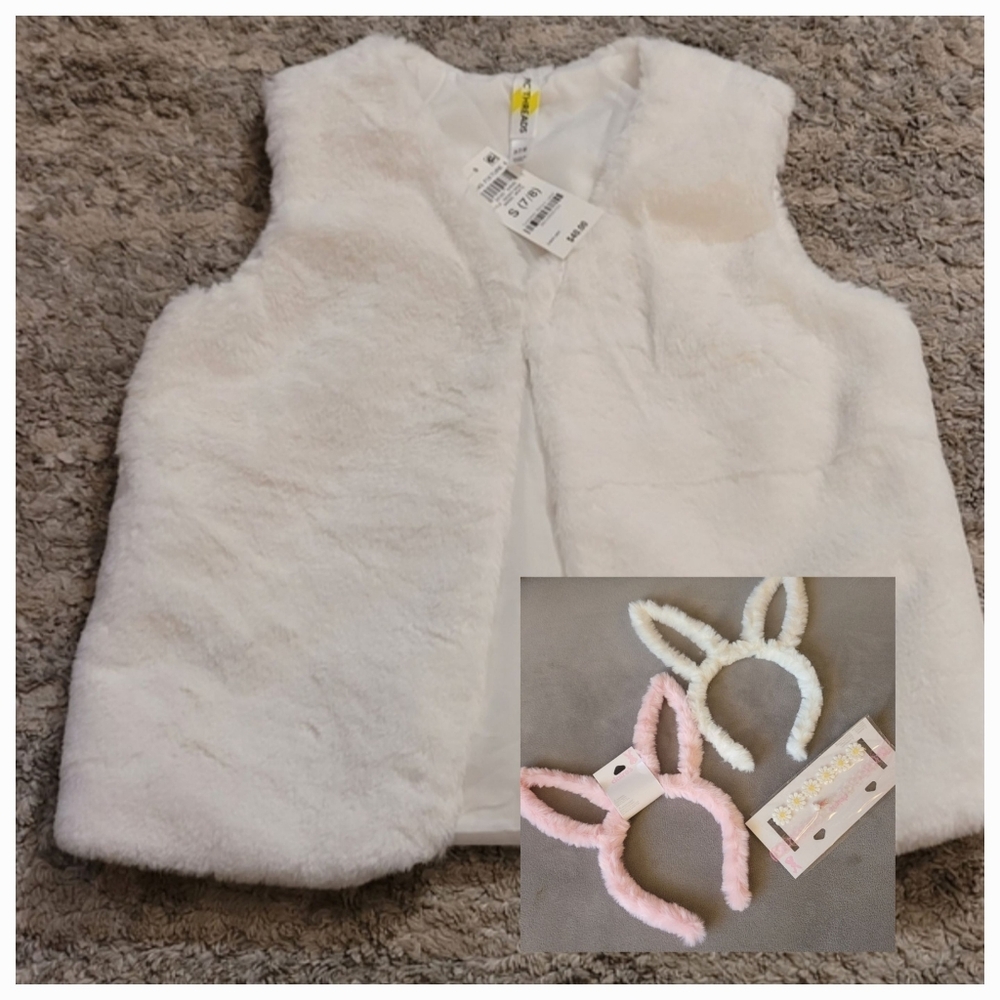 Epic Threads White Faux Fur Vest And Bunny Easter Head Bands And Neck Collar.